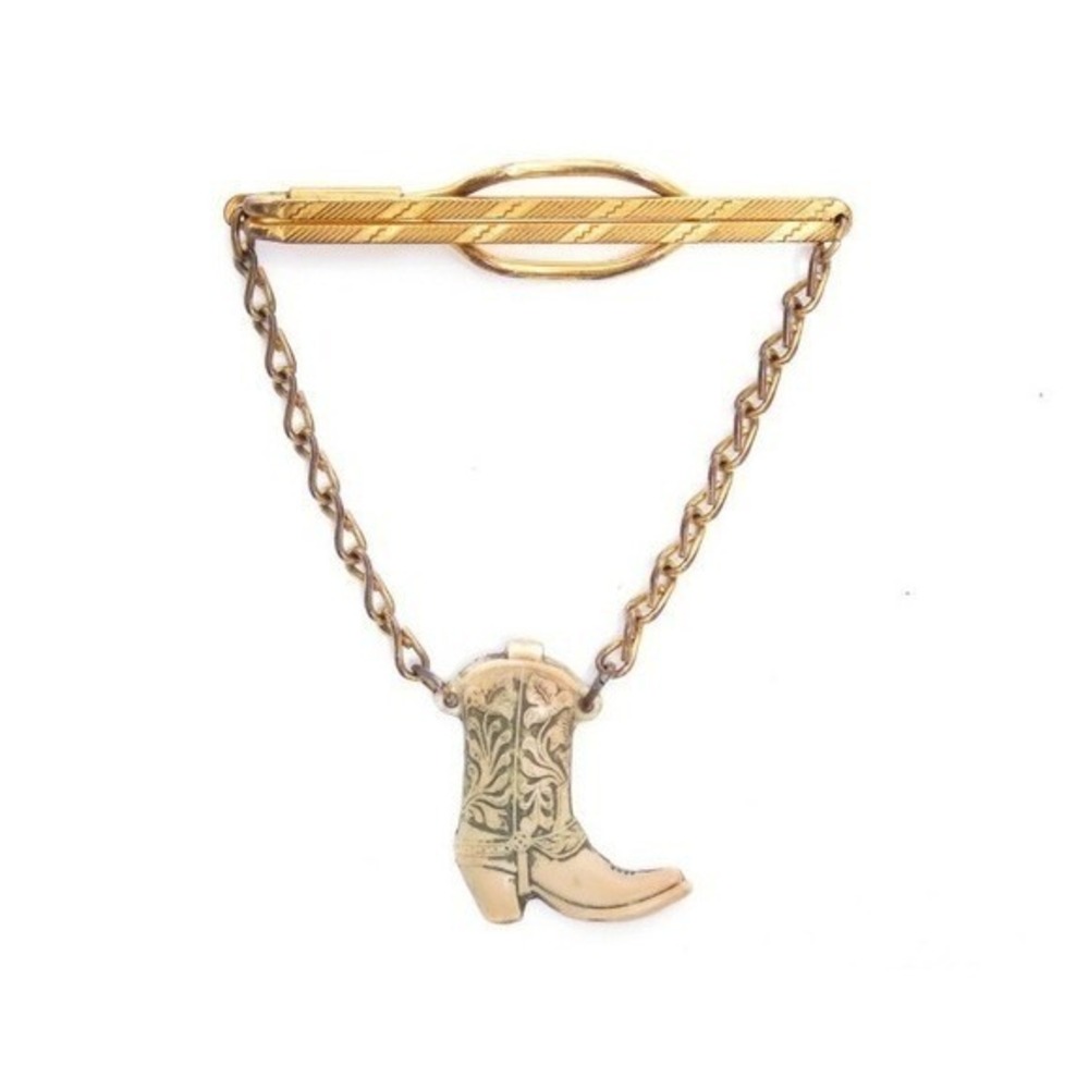 Vintage Gold‎ Tone Cowboy Boot Tie Bar Chain Western Scroll Textured Clip Mens